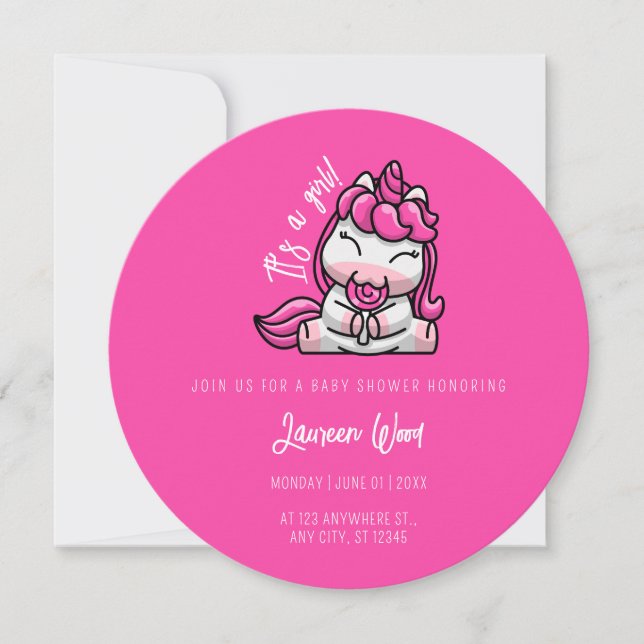 Invitation Fille bébé rose licorne Genre Reveal Party (Devant)