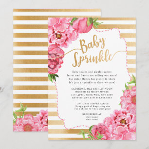 Invitation Fille Bébé saupoudrer   pivoines d'or rose