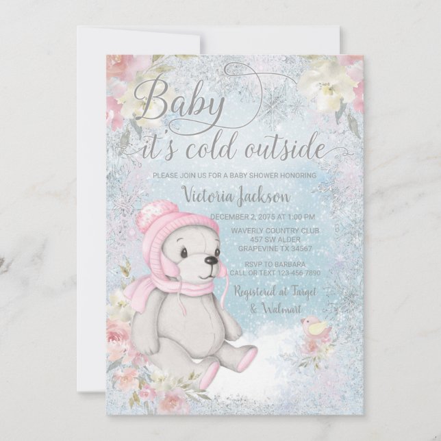 Invitation Fille Bébé son Baby shower d'ours extérieur froid (Devant)