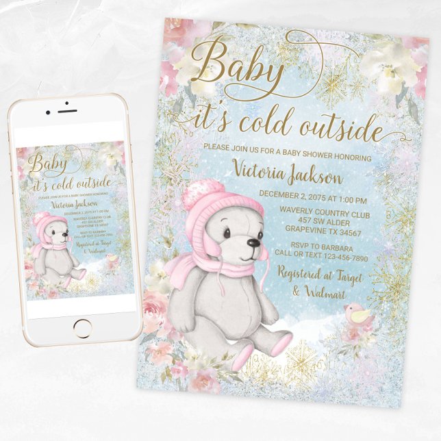 Invitation Fille Bébé Son Froid À L'Extérieur Baby shower Inv (Girl winter bear baby shower invitation. Girl winter wonderland baby shower invitation. )
