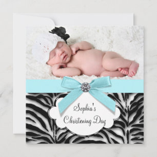 Invitation Fille Bébé Zèbre Bleu Turquoise Photo Baptême