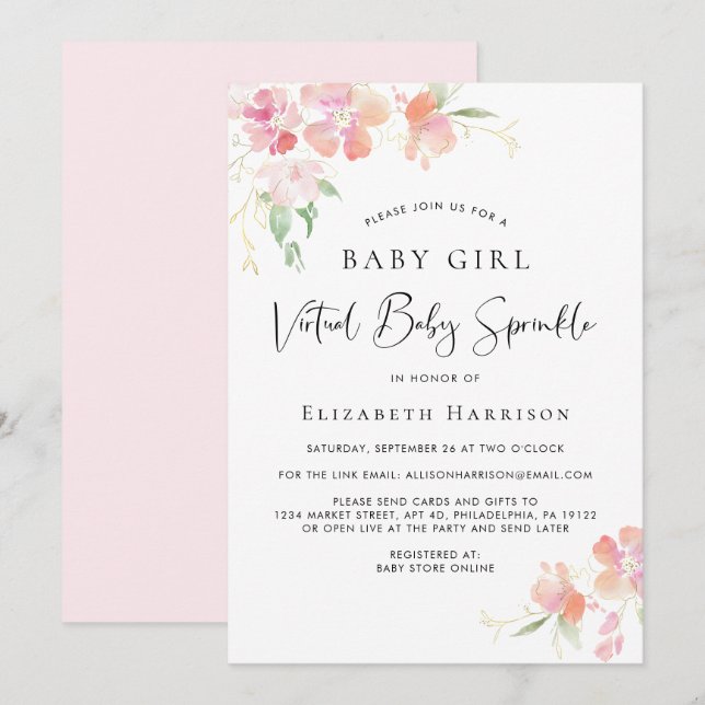 Invitation Fille Bébée virtuelle Saupoudrer d'aquarelle rose (Devant / Derrière)