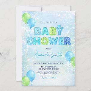 Invitation Fille Bleu Vert Paillettes arc-en-ciel baby shower