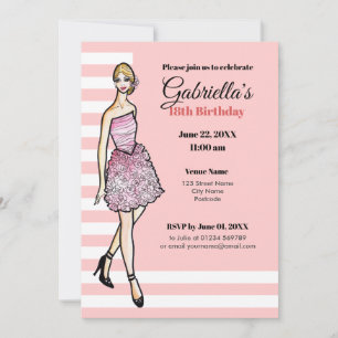 Invitation Fille blonde avec une robe de cocktail à roses ros