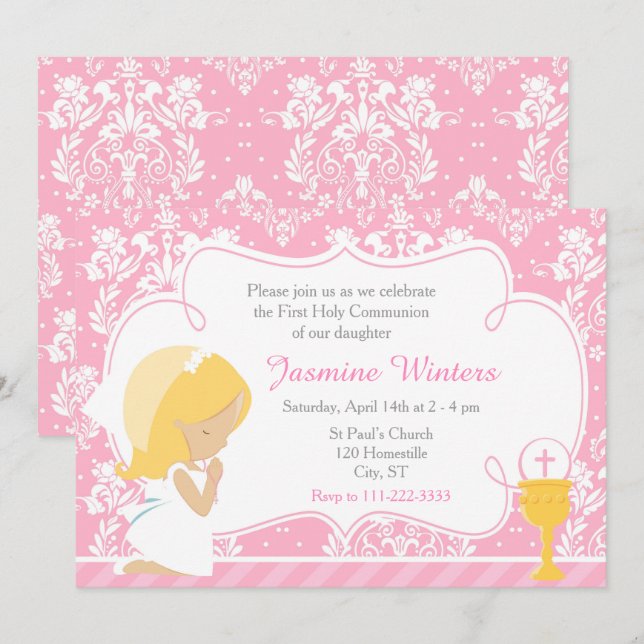 Invitation Fille blonde Première communion Damas (Devant / Derrière)