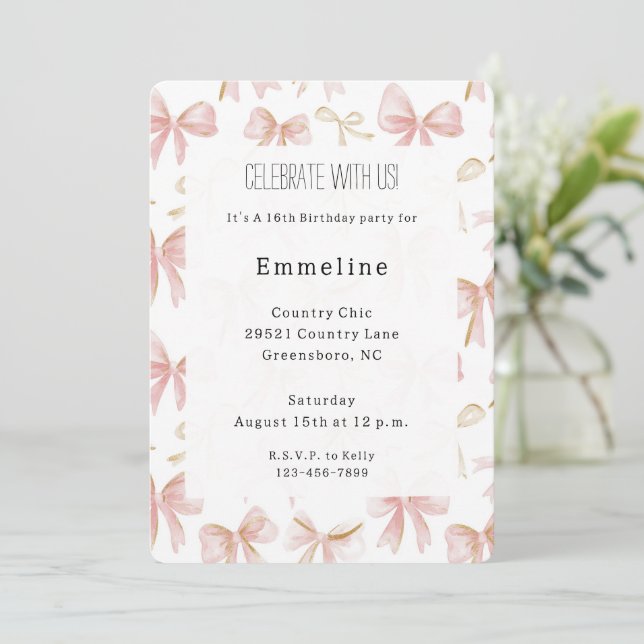 Invitation Fille Blush Pink Bows Anniversaire (Debout devant)