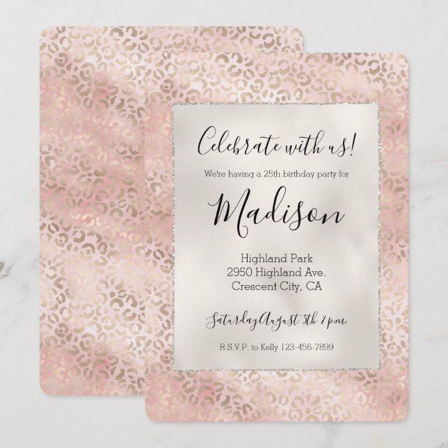 Invitation Fille Blush Pink Glam Empreinte de léopard or (Devant / Derrière)