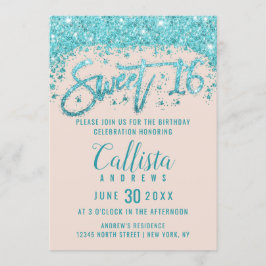 Invitation Fille Blush Rose Aqua Bleu Parties scintillant Dus