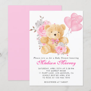 Invitation Fille Blush rose Floral Baby shower Ours En Teddy