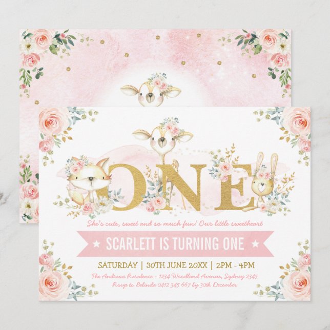 Invitation Fille Blush rose Floral Rose 1er anniversaire fête (Devant / Derrière)