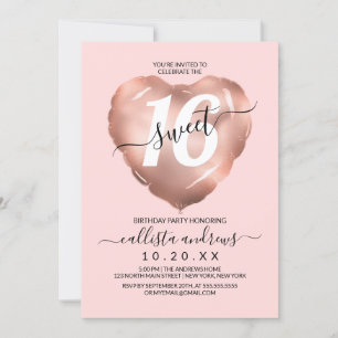 Invitation Fille Blush Rose Gold Foil Coeur Balloon Sweet 16