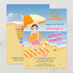 Invitation Fille bodyboard amusement fête d'anniversaire plag
