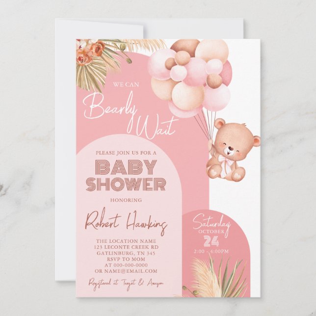 Invitation Fille Boho Arch Teddy Bear Bearly Wait Baby shower (Devant)