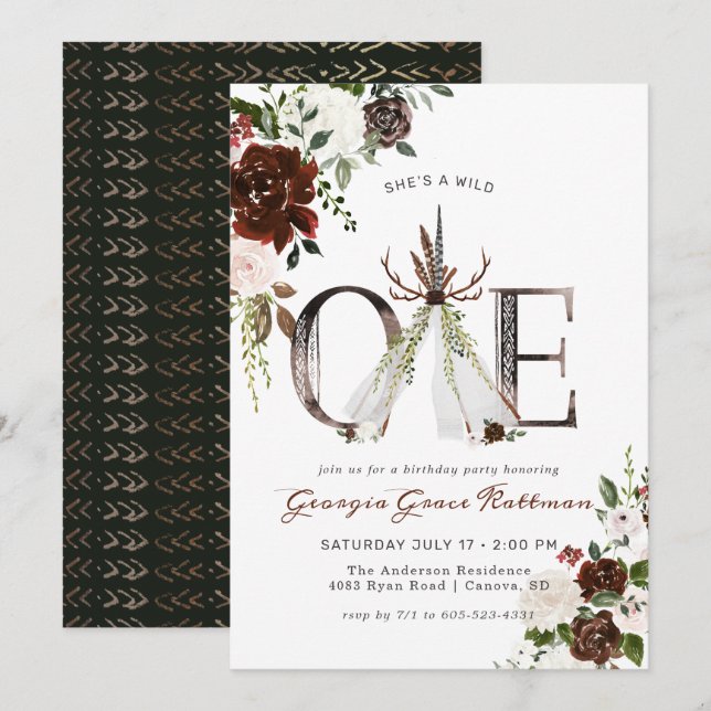Invitation Fille Boho Floral Antler Tribal Wild Un Anniversai (Devant / Derrière)