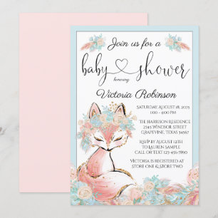 Invitation Fille Boho Fox Pink Turquoise Gold Baby shower