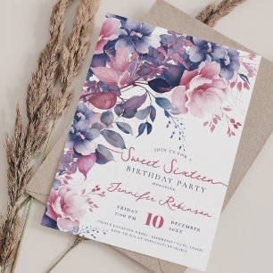 Invitation Fille Boho Purple Floral Sweet 16 Anniversaire