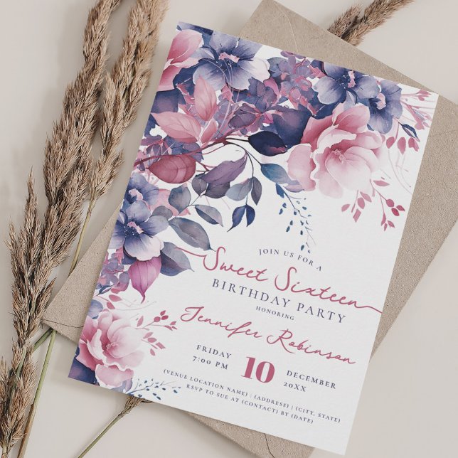 Invitation Fille Boho Purple Floral Sweet 16 Anniversaire (Girly Boho Purple Floral Sweet 16 Birthday Party Invitation)