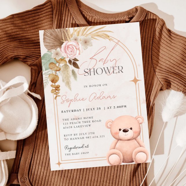 Invitation Fille Boho Teddy Ours Baby shower rose (Créateur téléchargé)
