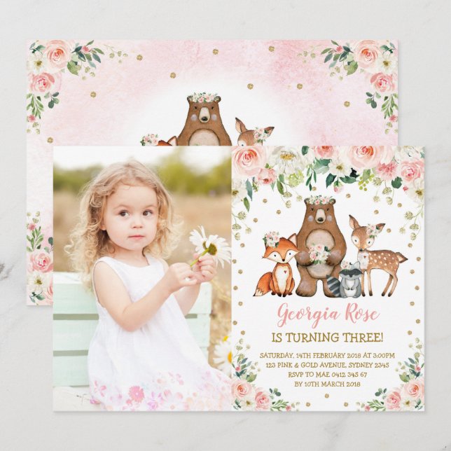 Invitation Fille Bois Animaux Oiseaux Peach Blush Floral (Devant / Derrière)
