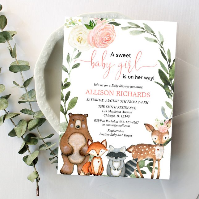 Invitation Fille bois vert baby shower fleuri (Créateur téléchargé)