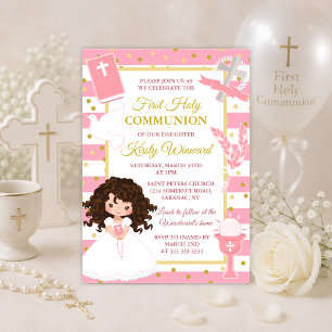Invitation Fille brune à rayure rose Première communion