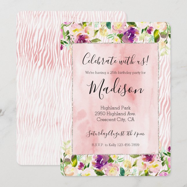 Invitation Fille Burgundy Rose Aquarelle Poster de animal (Devant / Derrière)
