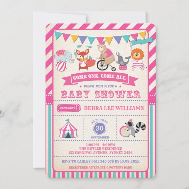 Invitation Fille Carnaval Cirque Animaux Baby shower Invitati (Devant)