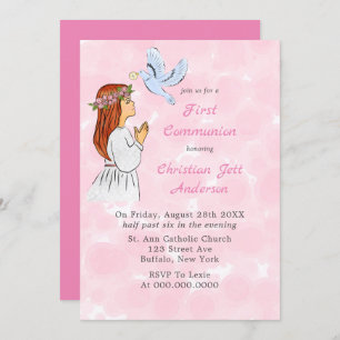 Invitation Fille catholique avec la colombe Première communio