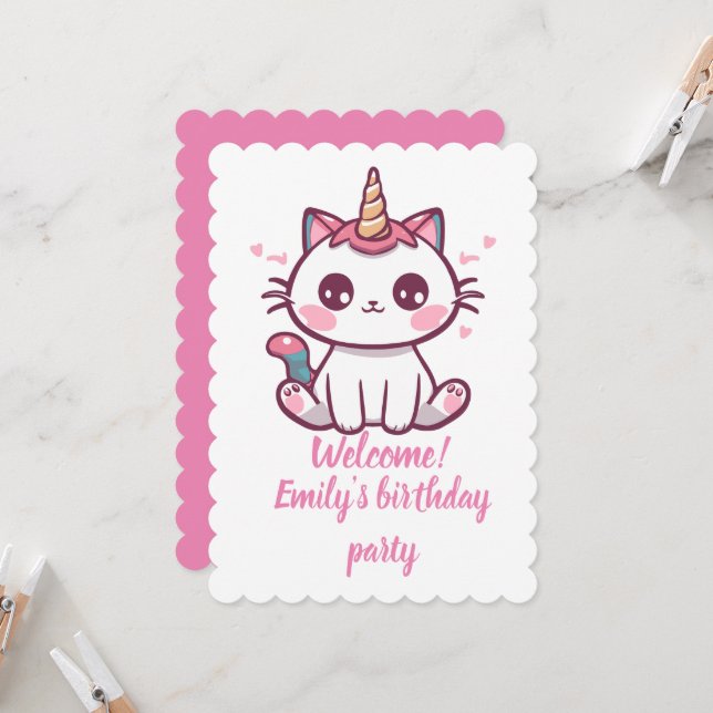 Invitation Fille Caticorn anniversaire (Devant/Arrière en situation)