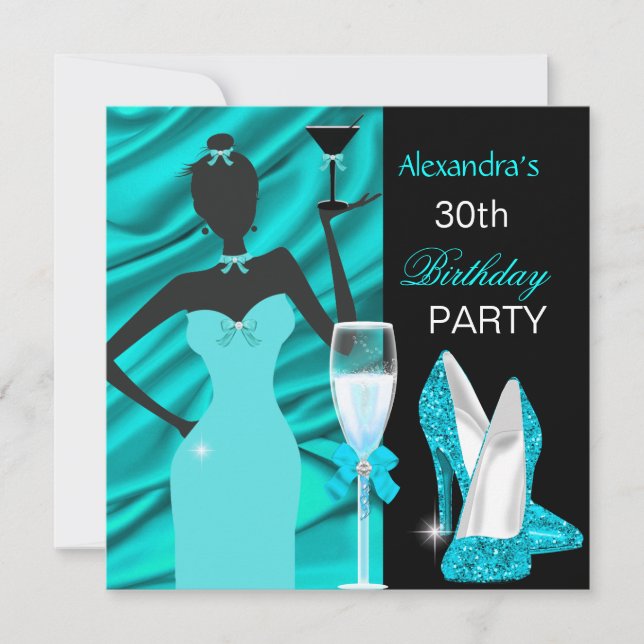 Invitation Fille Champagne de fête bleue Turquoise glamour An (Devant)