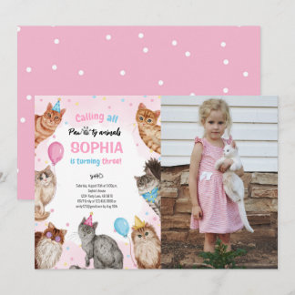 Invitation Fille Chat Pawty Animaux Photo d'anniversaire