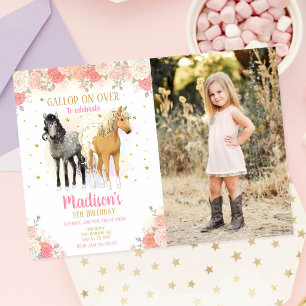 Invitation Fille Cheval Poney Aquarelle Floral Photo Annivers