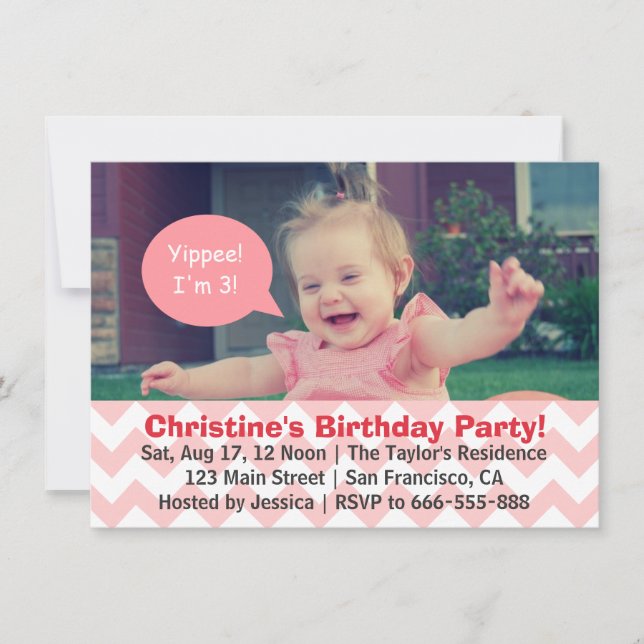 Invitation Fille Chevron Rose Anniversaire, La Bulle Discours (Devant)