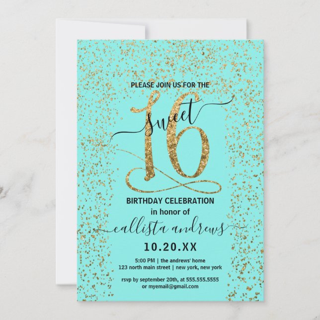Invitation Fille Chic Aqua Gold Confetti Bordure Sweet 16 (Devant)