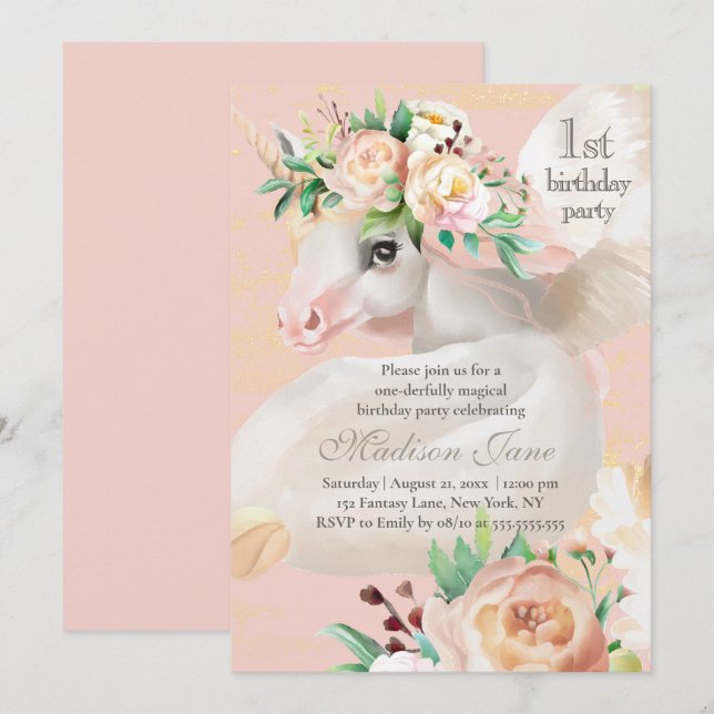 Invitation Fille Chic Aquarelle Florale Unicorne 1er Annivers (Devant / Derrière)