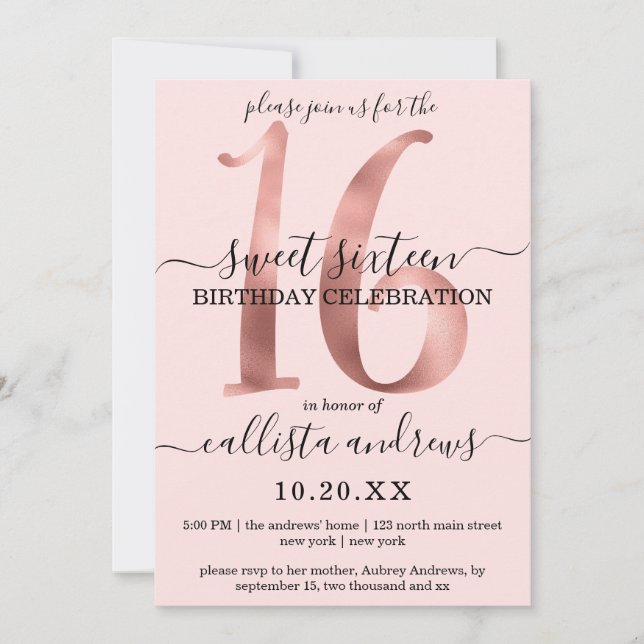 Invitation Fille Chic Faux Rose Or Blush Pink Sweet 16 (Devant)
