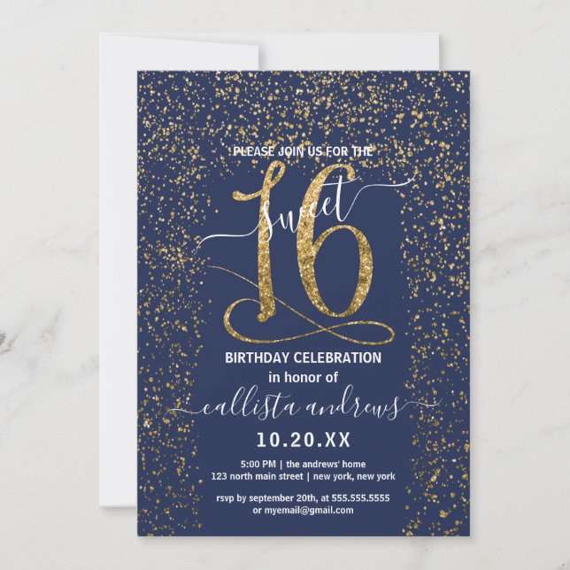 Invitation Fille Chic Marine Bleu Confetti Bordure Sweet 16 (Devant)
