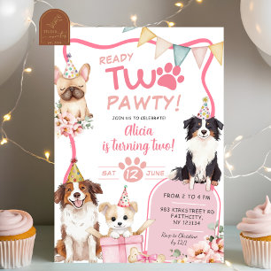 Invitation Fille Chien Rose Prête DEUX fête