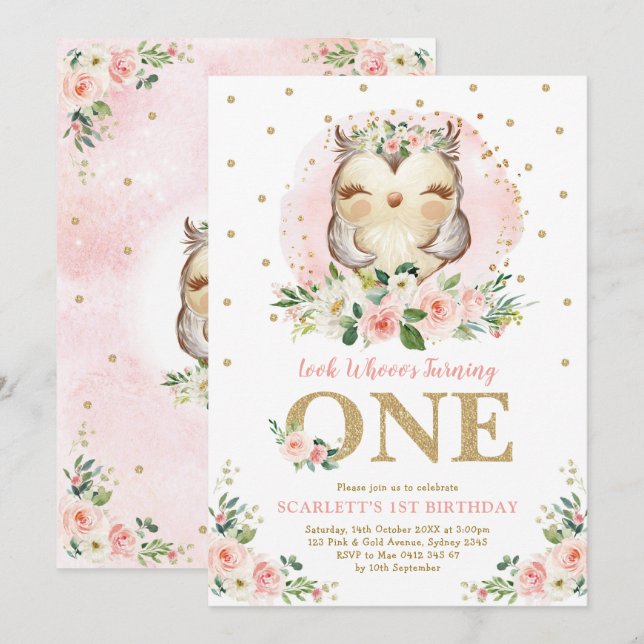 Invitation Fille Chouette Blush Rose Floral 1er anniversaire  (Devant / Derrière)