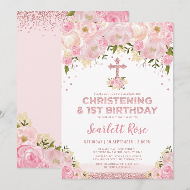 Invitation Fille Christening 1er Anniversaire Rose Gold Blush (Devant / Derrière)