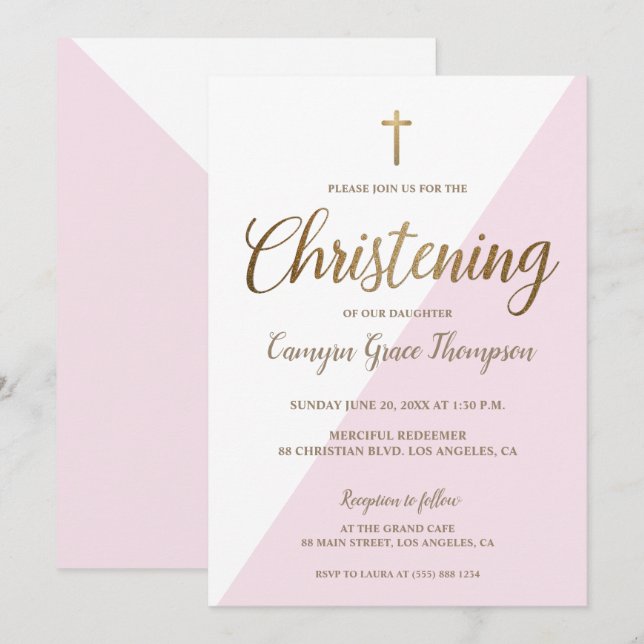 Invitation Fille Christening Rose Blanc Or moderne (Devant / Derrière)