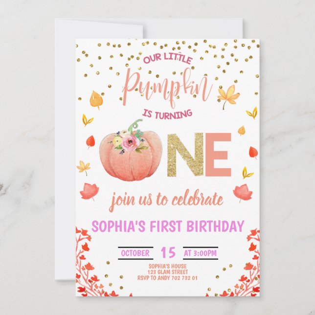 Invitation Fille Citrouille 1er anniversaire ONE Gold Parties (Devant)