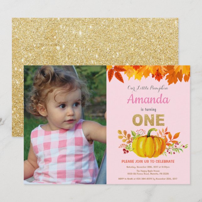 Invitation Fille Citrouille Automne Premier Anniversaire Part (Devant / Derrière)