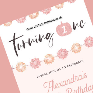 Invitation Fille Citrouille Fleur Rose Halloween 1er annivers