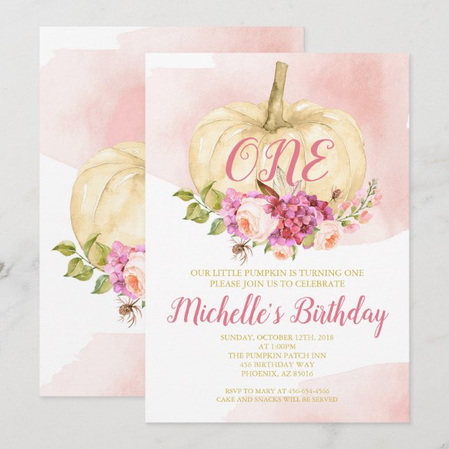 Invitation Fille Citrouille rose or premier anniversaire aqua (Devant / Derrière)