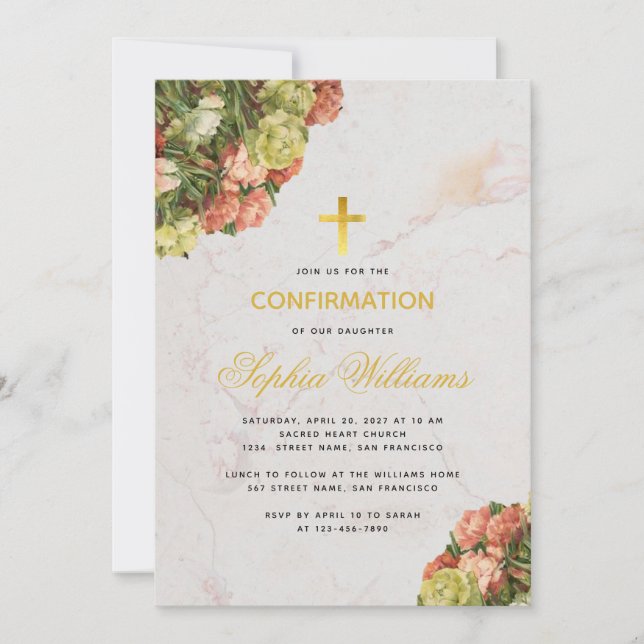 Invitation Fille Confirmation Armoise de marbre floral Script (Devant)