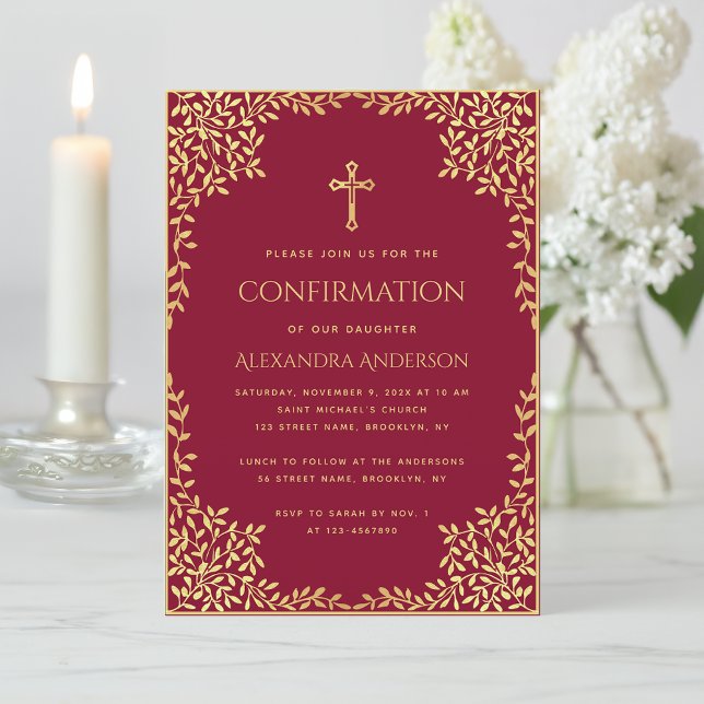 Invitation Fille Confirmation Bourgogne Faux Gold Feuilles Or (Créateur téléchargé)