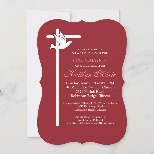 Invitation Fille Confirmation Croix Dove sur Rouge (Devant)