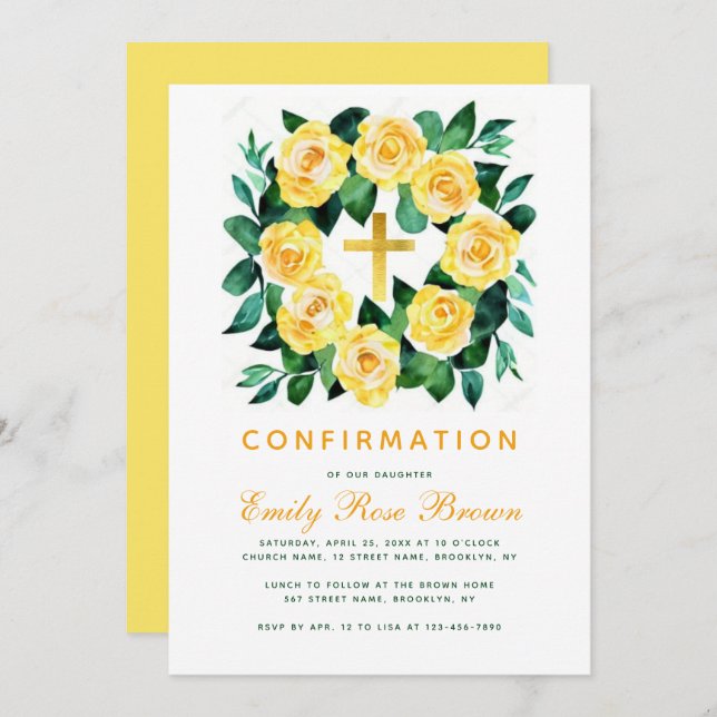 Invitation Fille Confirmation Floral Rose Jaune Script de cou (Devant / Derrière)