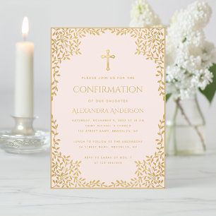 Invitation Fille Confirmation Pink Gold Feuilles Vintage Élég